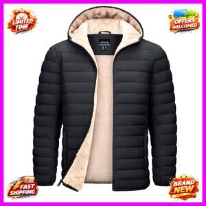 Men's Hooded Puffer Jacket Sherpa Lined Water Resistant Windproof Winter Coat